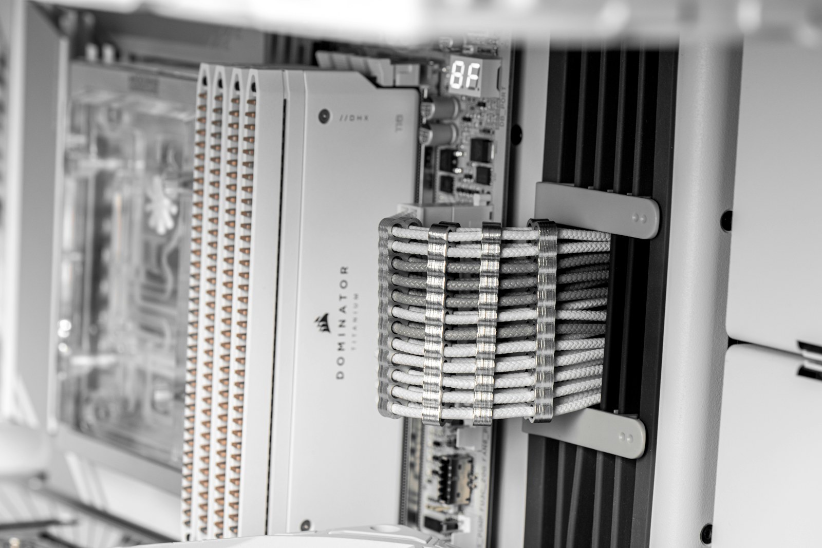 A close view of components and braided cables inside a generic compute server.